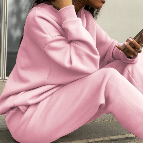 Pink Casual Women's Zipper Half Placket Drop Shoulder Sweatshirt And Jogger Pant - Picture 6 of 6